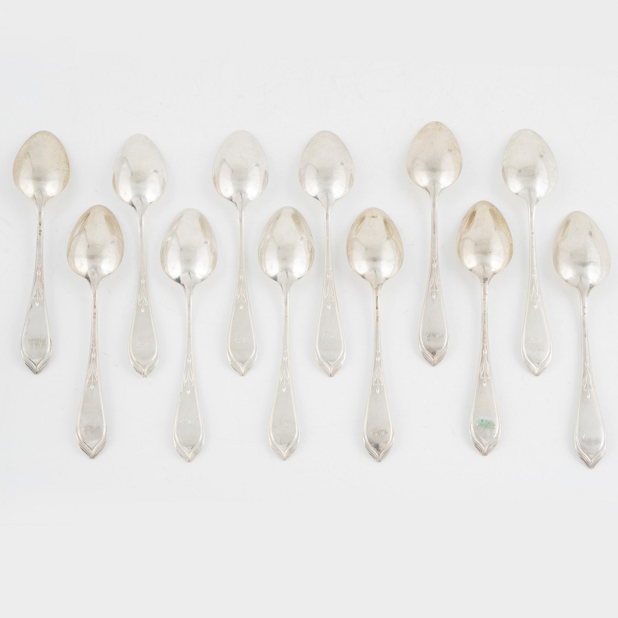 Skedar, 12 st, silver, jugend, övervägande K. Anderson, Stockholm, bl.a. 1909.