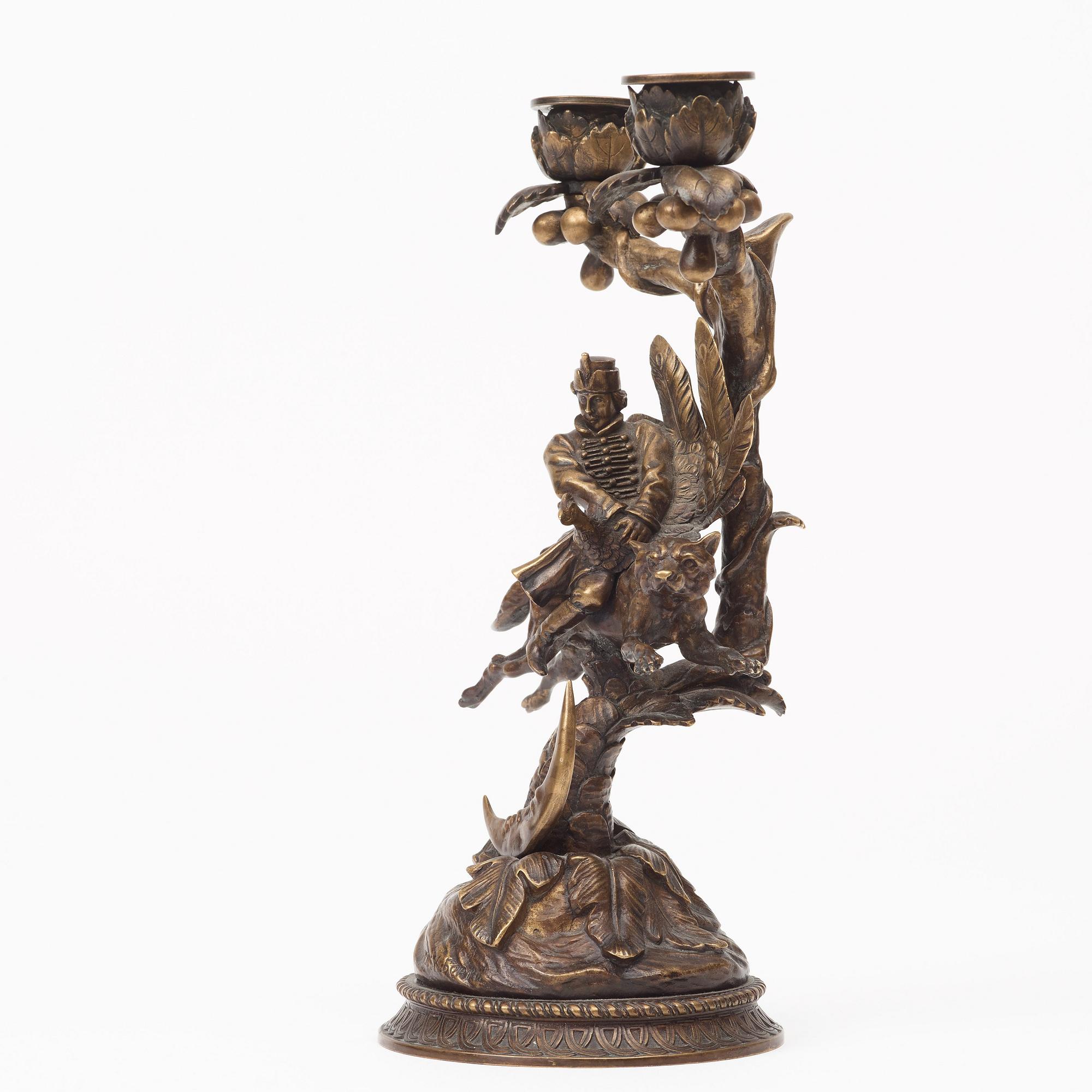 A Russian circa 1870-90 two-light candelabra by sculptor Evgeny Lanceray, founder Karl Berto.