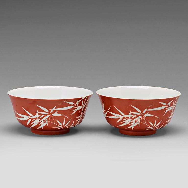 A pair of coral red bowls, Qing dynasty with Daoguang seal mark.