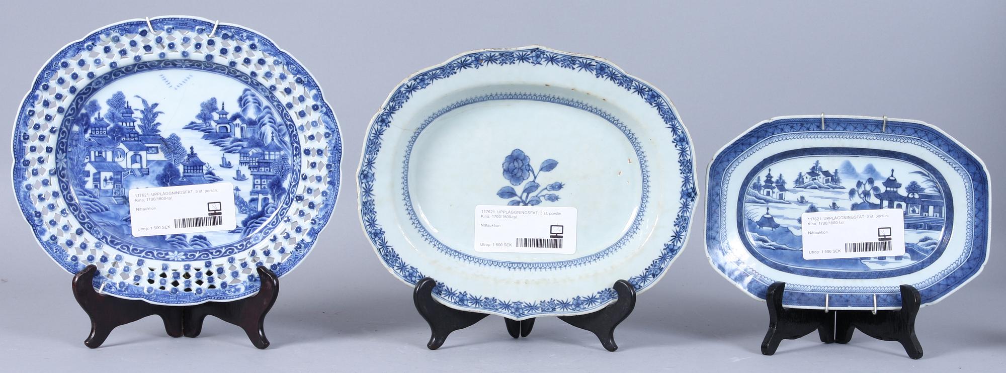 UPPLÄGGNINGSFAT, 3 st, porslin, Kina, 1700/1800-tal.
