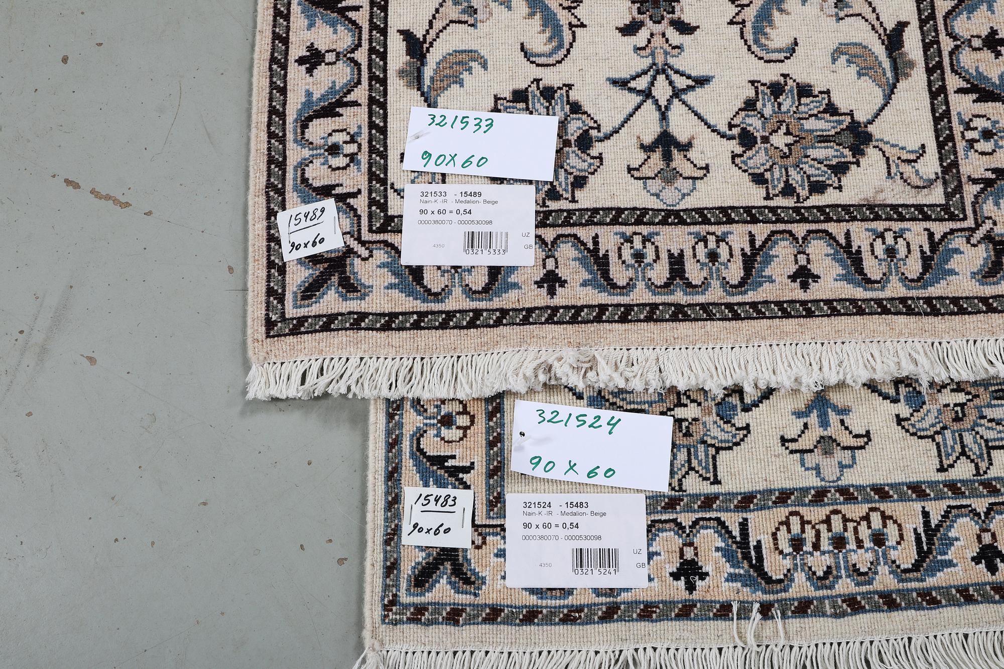 A pair of rugs, Nain, part silk, ca 90 x 60 cm & ca 90 x 60 cm.