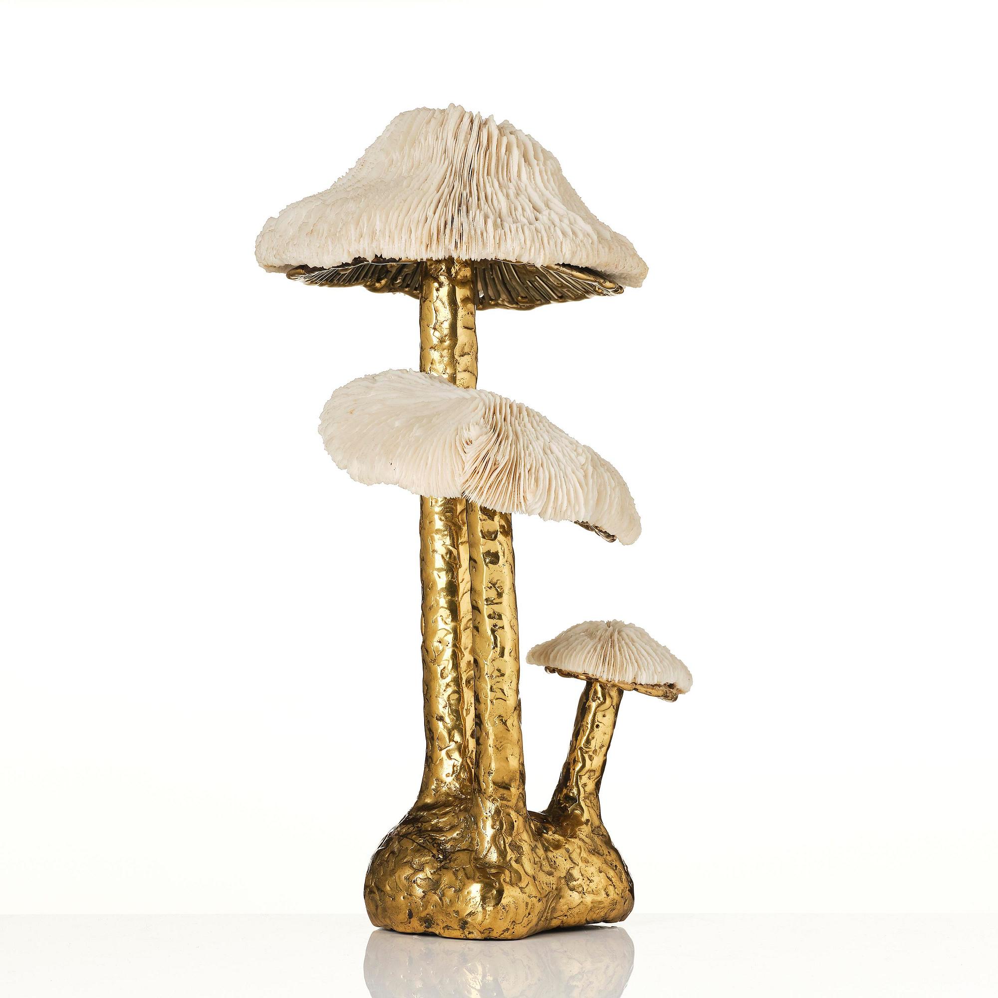Jacques Duval-Brasseur, skulptur, tre svampar i gjuten brons och korall, Frankrike, 1970-tal.