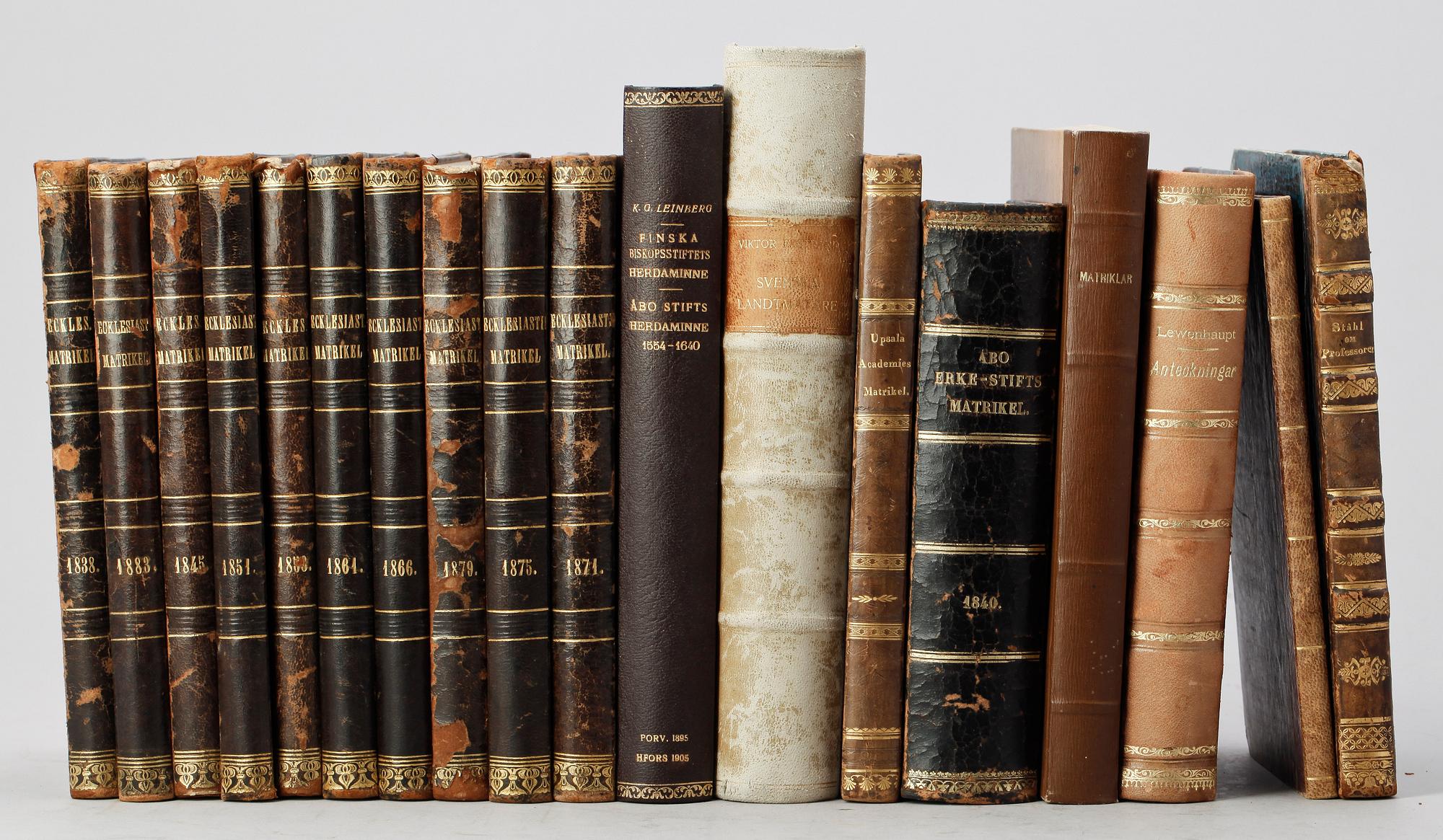 PARTI MATRIKLAR SAMT HERDAMINNE, 18 vol, bla "Det odelade Finska Biskopsstiftets Herdaminne" resp "Åbo Stifts Herdaminne" av KG. Leinberg. 1895 resp 1903.