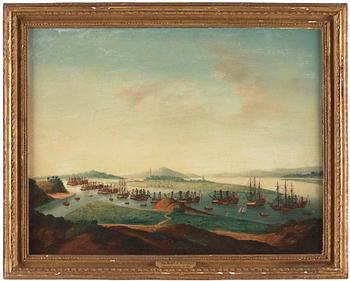 438. A China Trade oil painting of Whampoa Anchorage by an unknown artist, Qing dynasty, circa 1800.