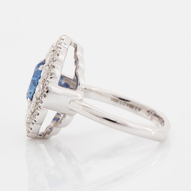 A platinum ring set with a faceted sapphire and round brilliant-cut diamonds.