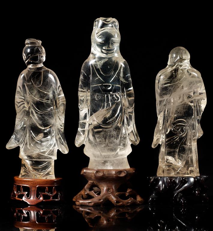 A set of  three rock chrystal figures, late Qing dynasty.