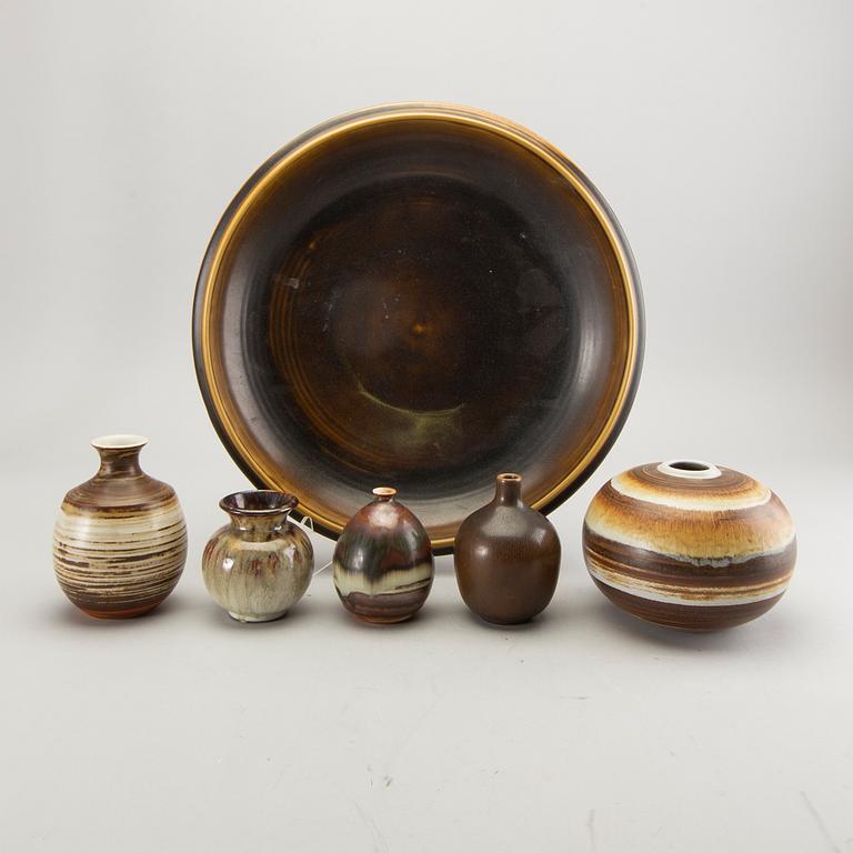 A set of six vases and a dish, by different makers, Höganäs and Vallåkra.
