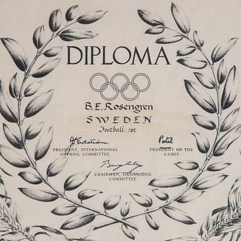 Diplom, Olympic Games London Diploma 1948, "B.E. Rosengren Sweden Football 1st" samt Olympiakalendern 1948.