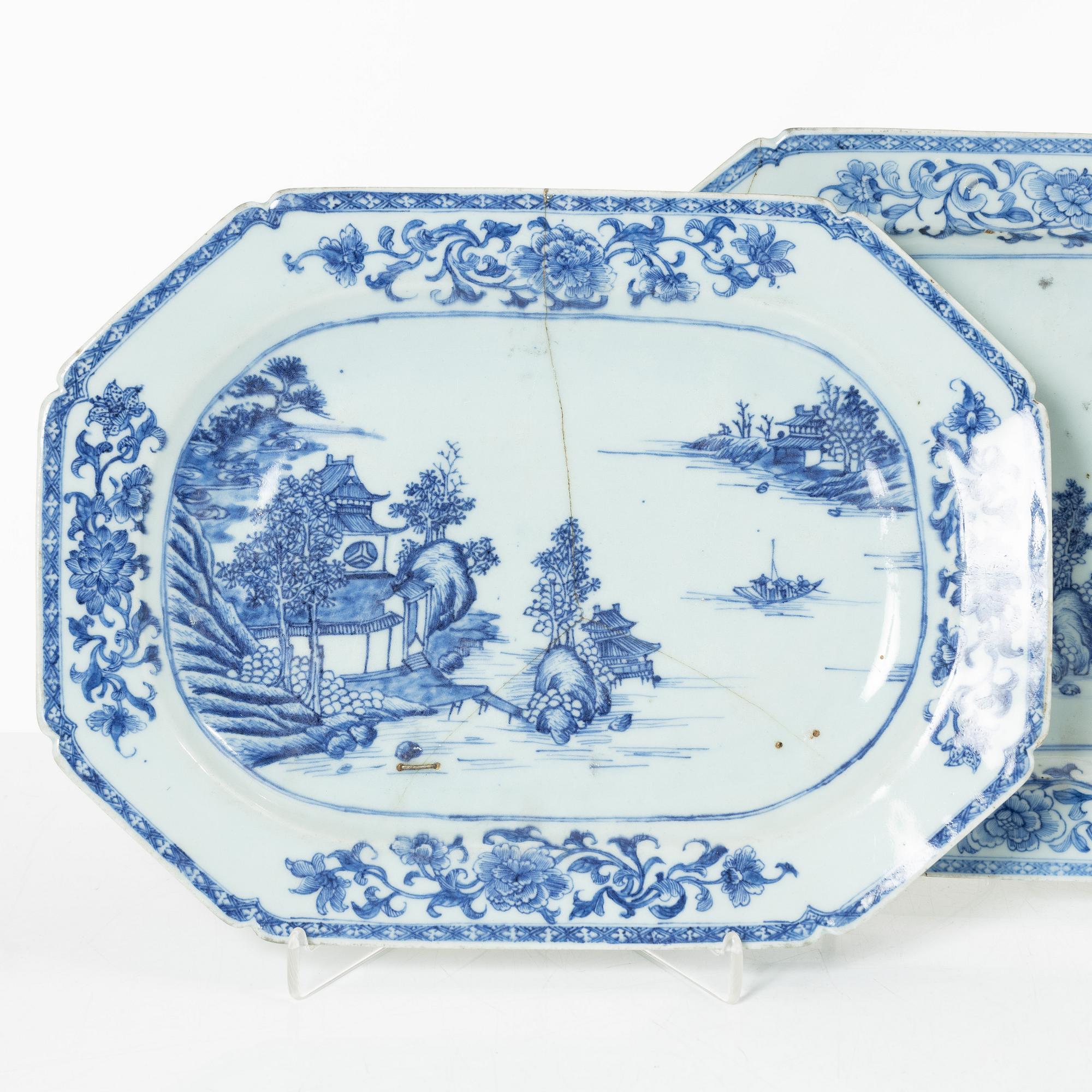 A group of three Chinese blue and white porcelain serving dishes and five dessert plates, Qing dynasty, Qianlong(1736-95.