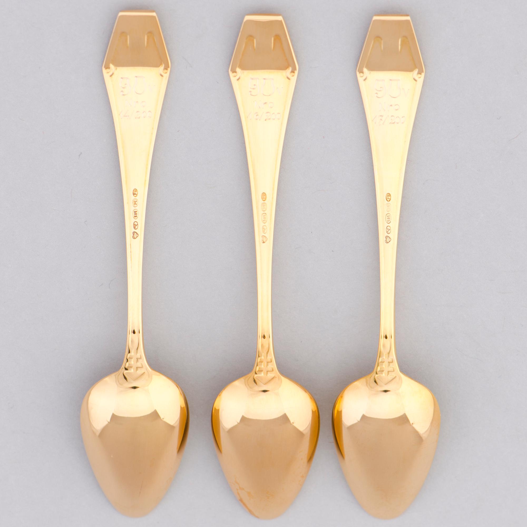 Three golden espresso spoons for the 90th Anniversary year of Finland, the 'Suomi' series, Kultateollisuus, Turku 2007.
