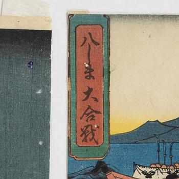 Utagawa School, färgträsnitt, 4st, Japan, 1800-talets mitt/andra hälft.