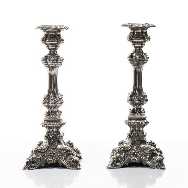 Gustaf Theodor Folcker, a pair of baroque style silver candle sticks, Stockholm, Sweden, 1846.