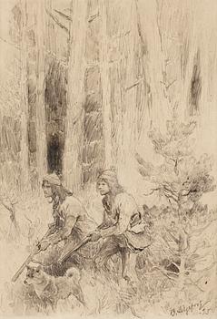110. Bruno Liljefors, Forest landscape with hunters.