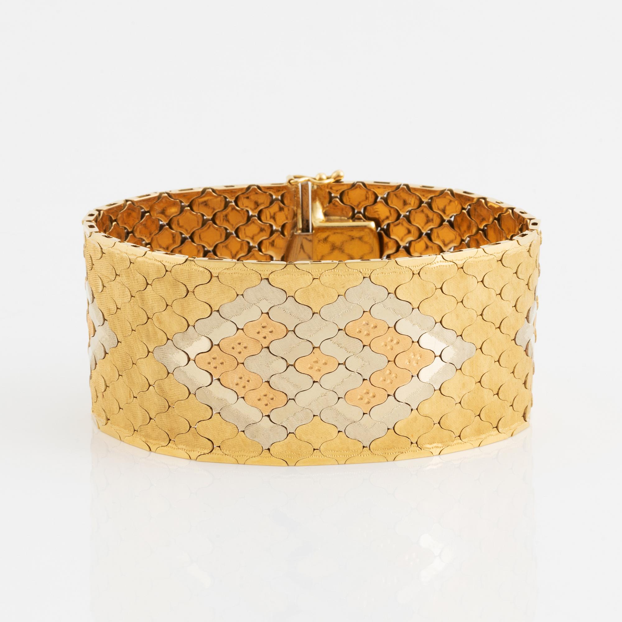 18K gold three coloured bracelet, Vicenza, Italy.