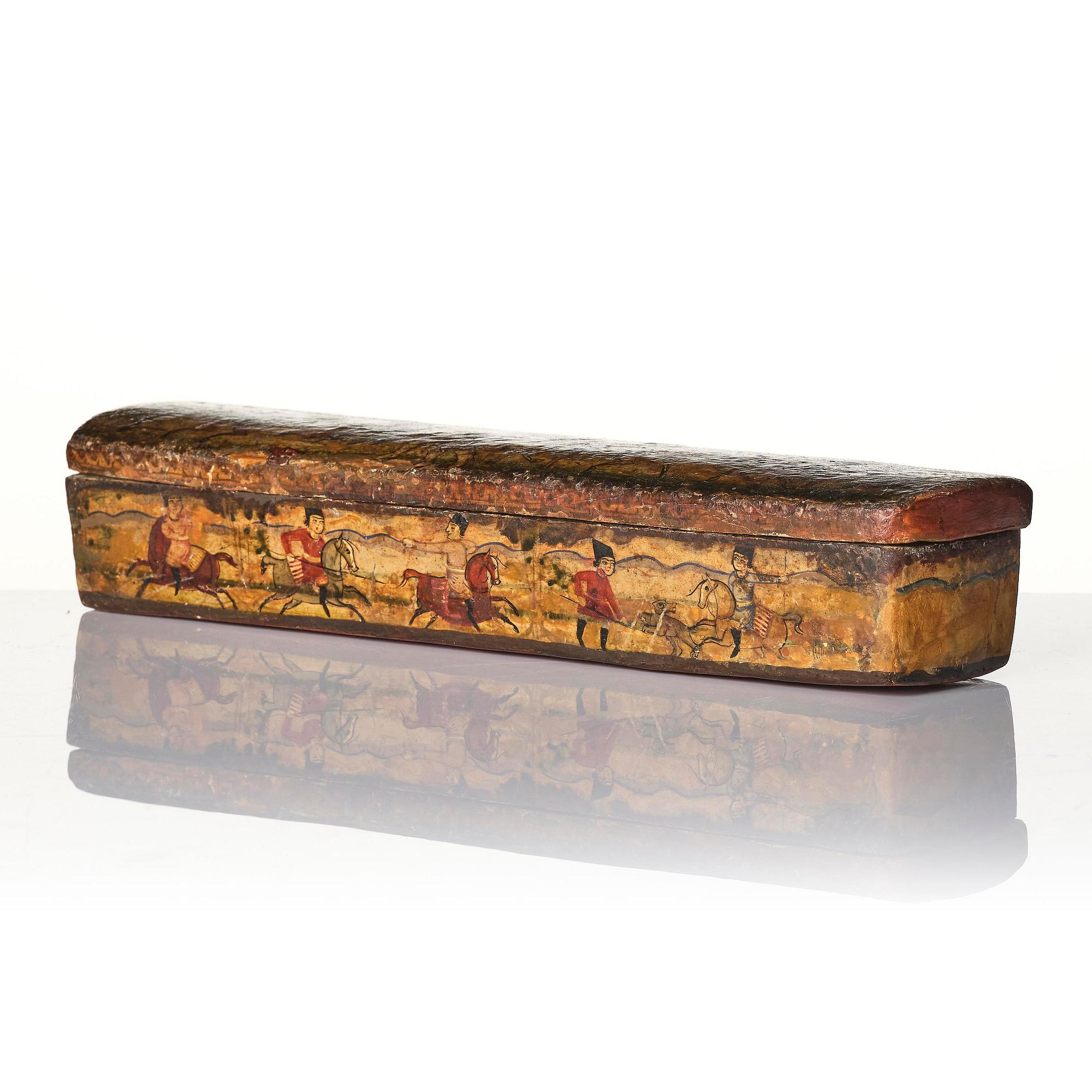 A Qajar papier-mâché polychrome lacquer box, Persia, first half of the 19th century.