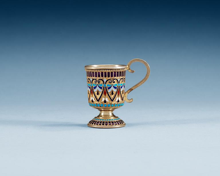 A RUSSIAN SILVER-GILT AND ENAMEL TSCHARKA, Makers mark possibly of Gustav Klingert, Moscow 1898-1907.