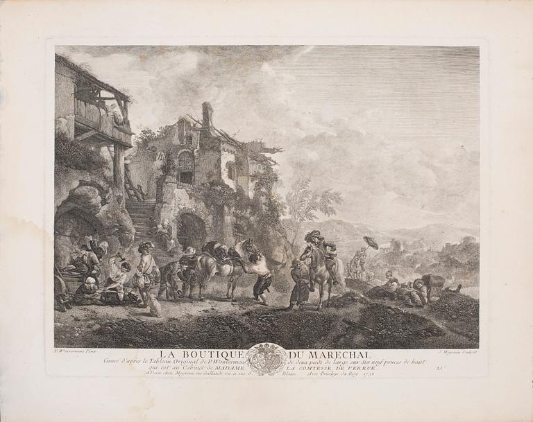 PHILIPS WOUWERMAN, after, six unframed coppar engravings, 18th century.