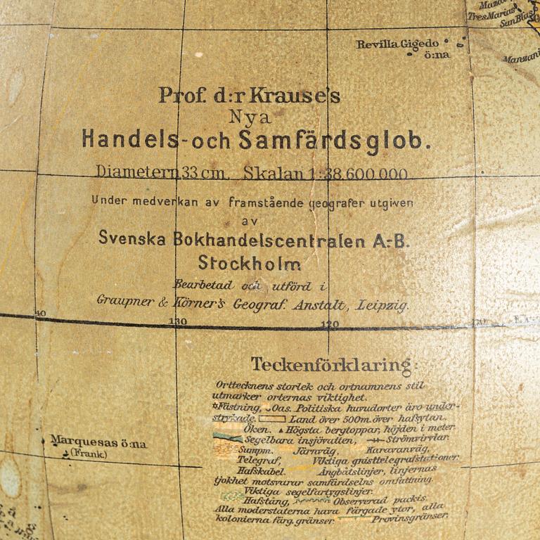 Jordglob, "Prof. d:r Krause's Nya Handels- och Samfärdsglob", 1900-talets första hälft.