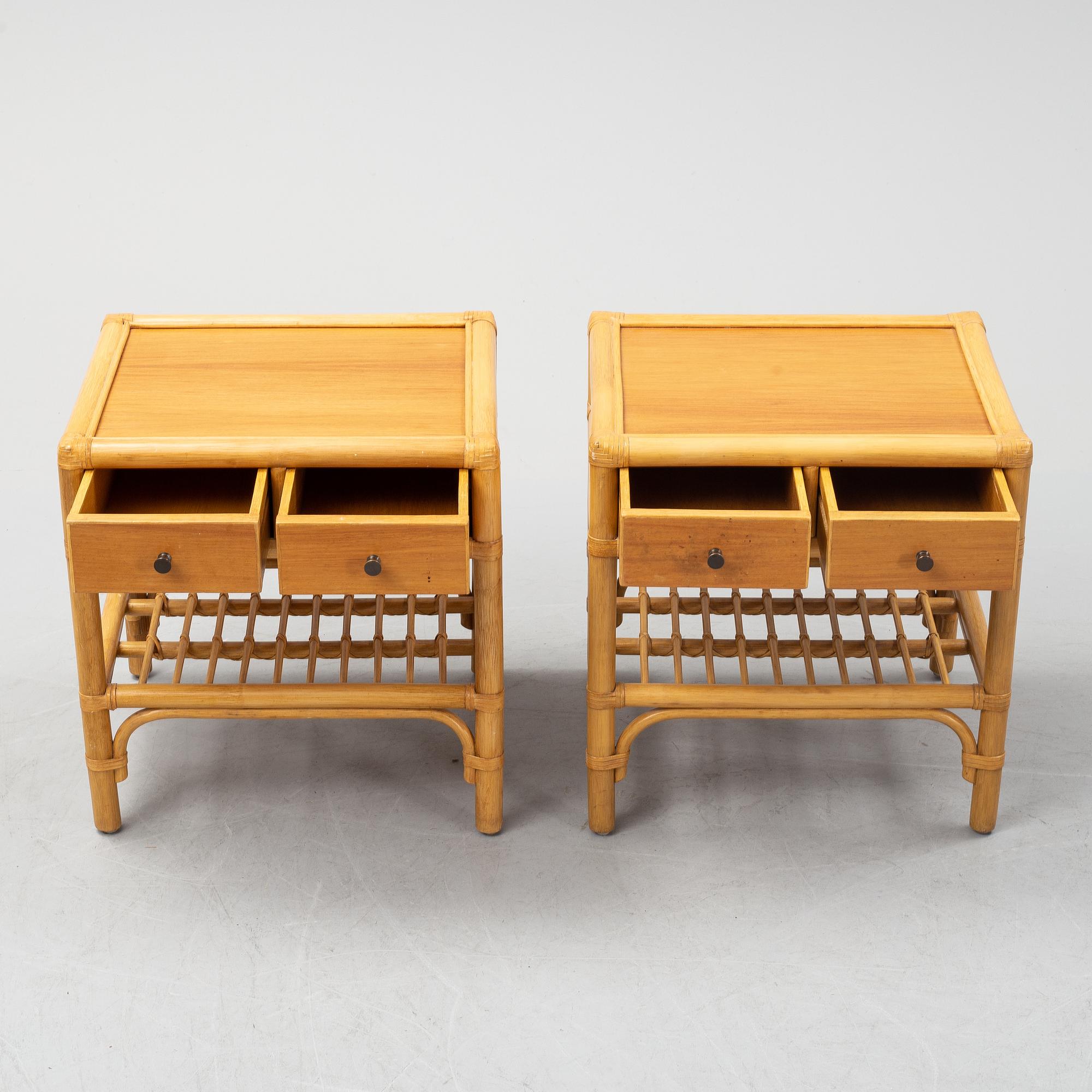 A pair of teak, bamboo and rattan bedside tables, late 20th Century.