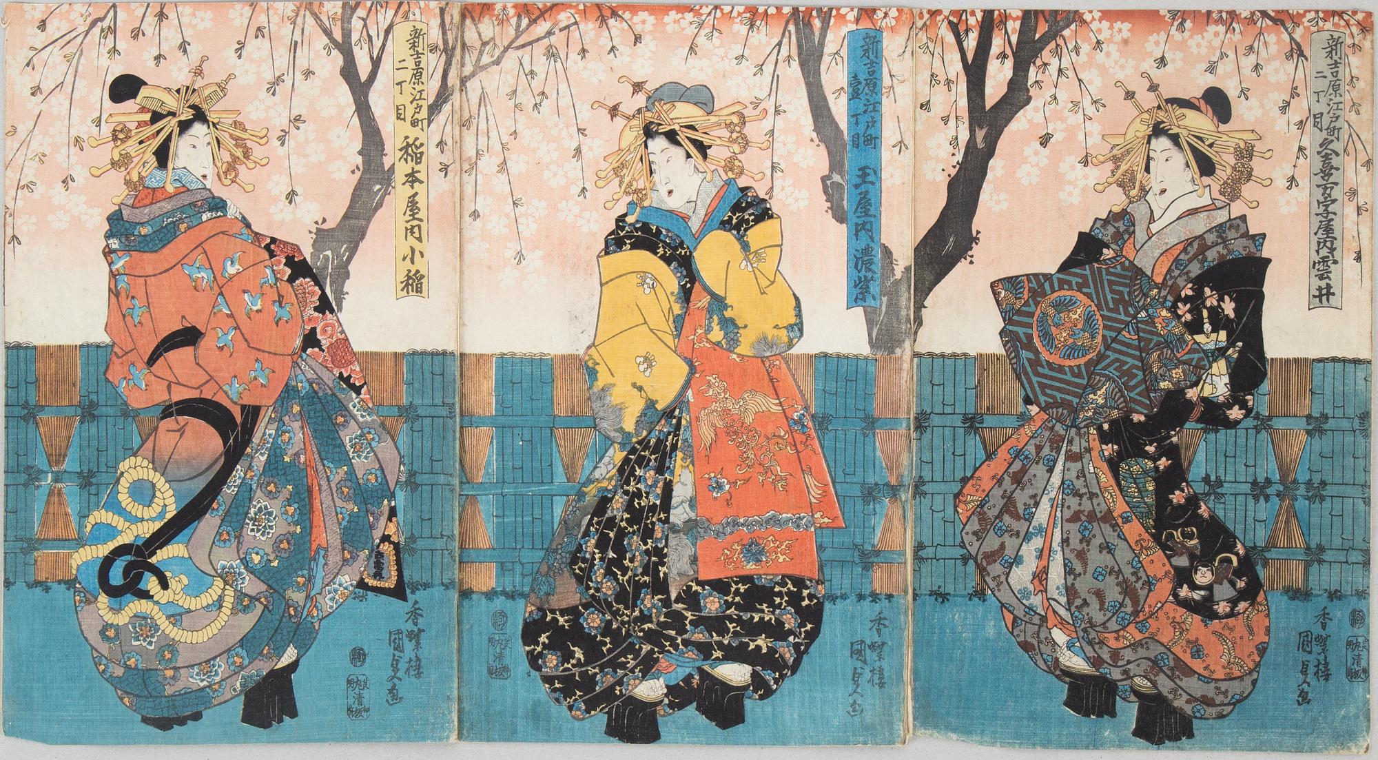 JAPANSKA TRÄSNITT, triptyker, 2 st, Japan, Meiji (1868-1912).