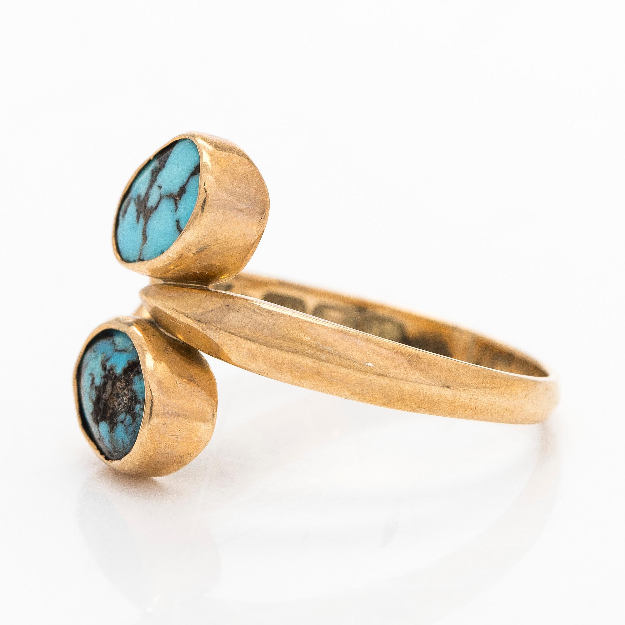 Ring, cabochon cut turquoise stones, 14K gold, Tillander, Helsinki 1957.