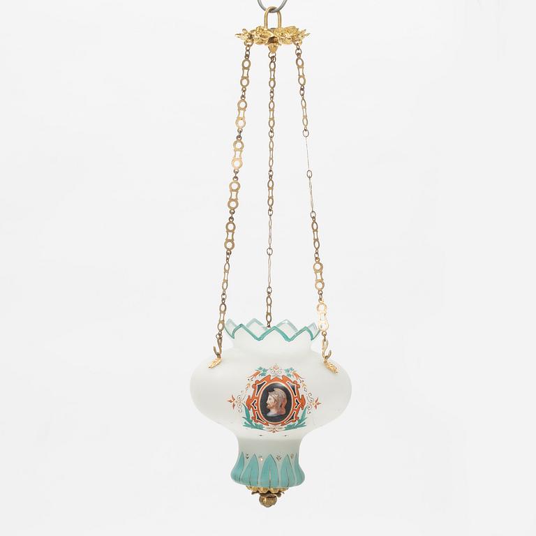 Hanging lamp, painted glass, late Empire, mid-19th century.