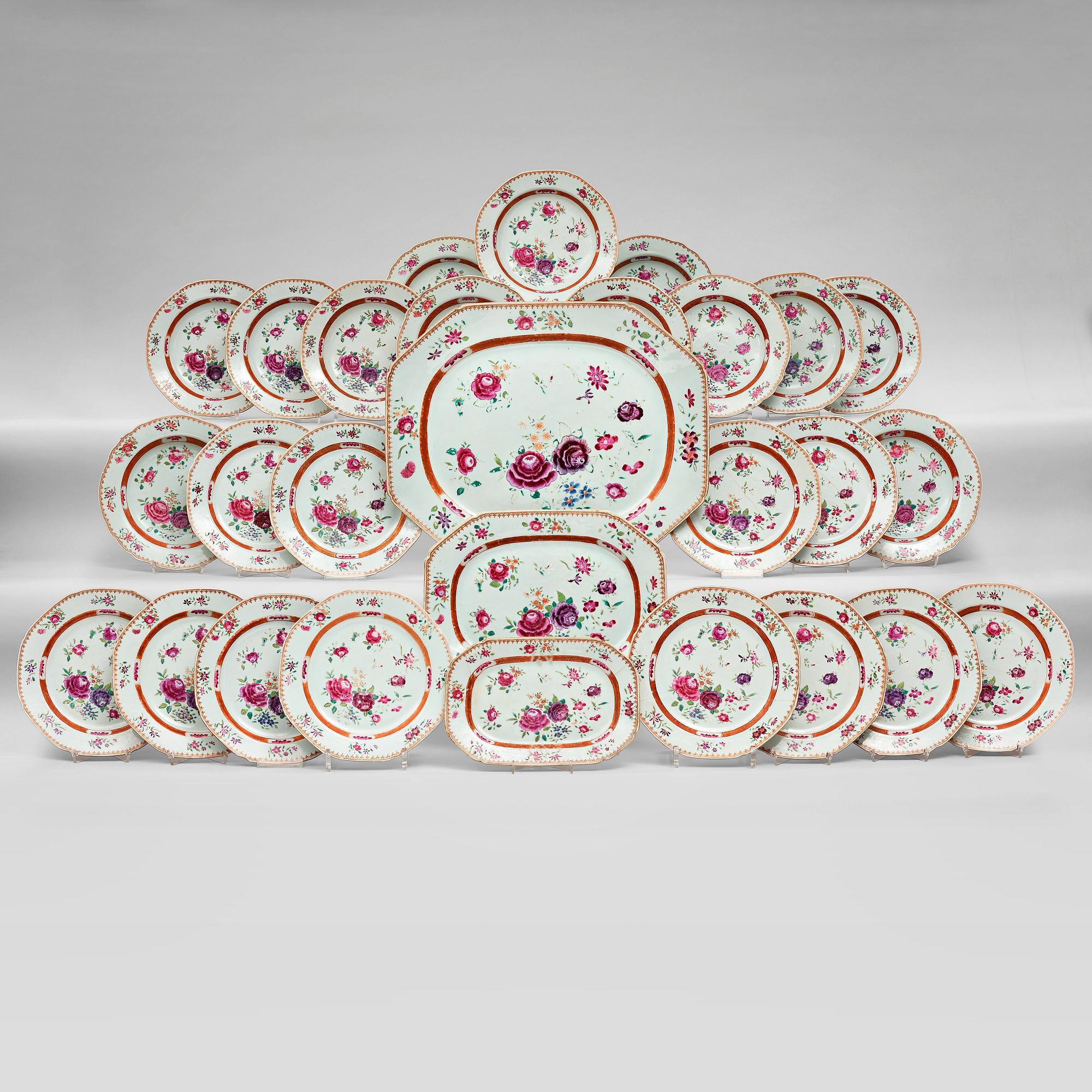 A part famille rose dinner service, Qing dynasty, Qianlong (1736-95). (comprising 28 pieces).