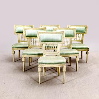 A set of six Swedish late Gustavian chairs around 1800.