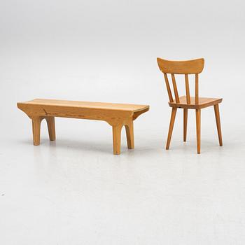 A set of four chairs, a table and a bench, mid 20th Century.