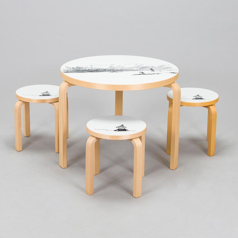 Alvar Aalto, Lastenkaluste, 3 osaa,  pöytä ja jakkaroita 3 kpl, yhteistyö Moomin Characters 2013.
