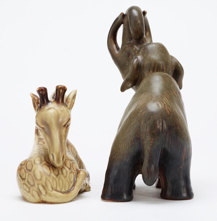 Two Gunnar Nylund stoneware figures, a giraffe and a mammoth, Rörstrand.