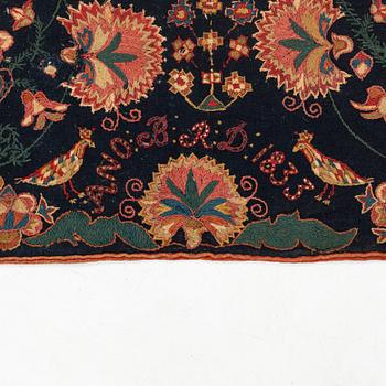 Åkdyna, broderad, ca 102 x 77 cm, signerad och daterad ANO BRD 1833, Skåne.