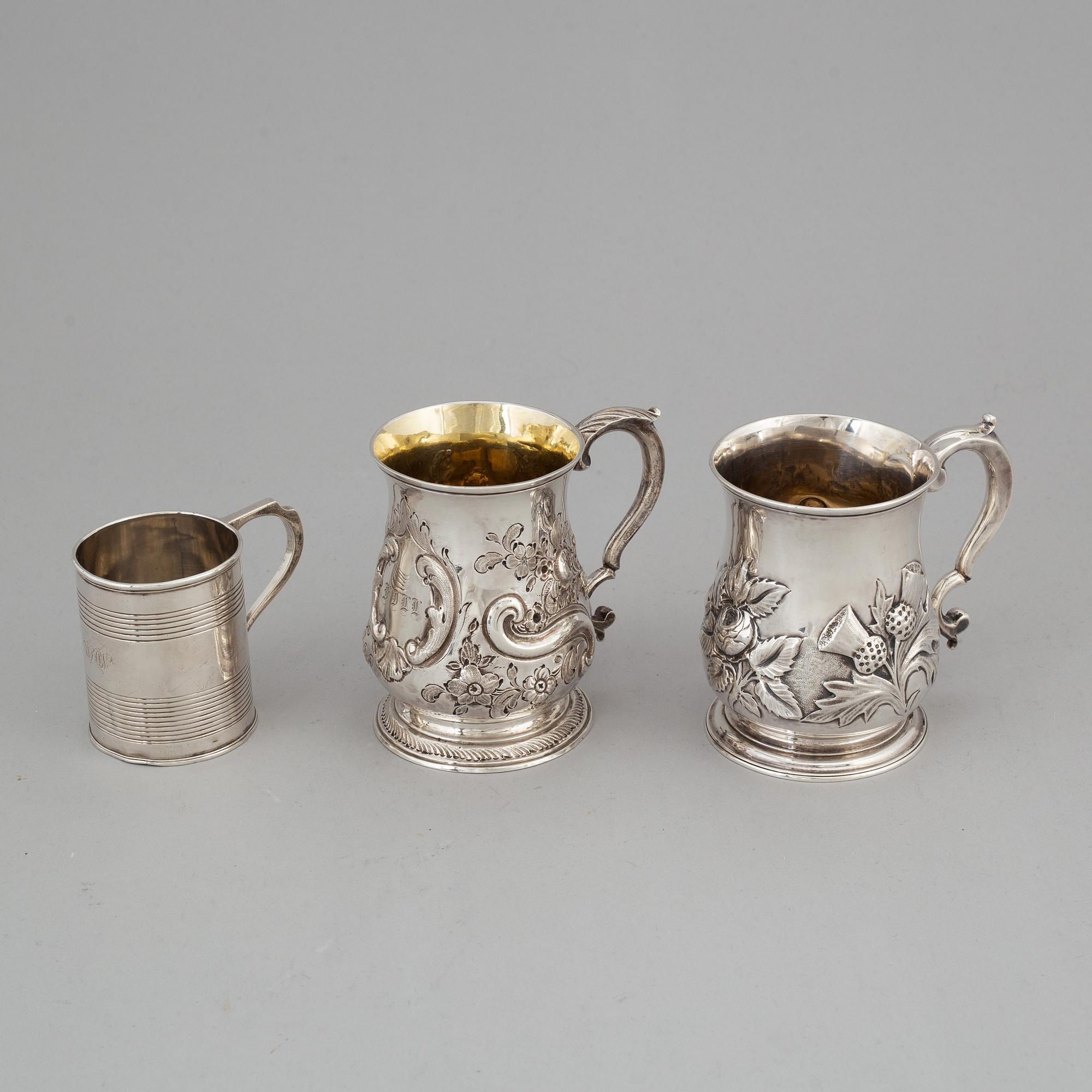 Three silver jugs, London 1743, 1767 and 1805.
