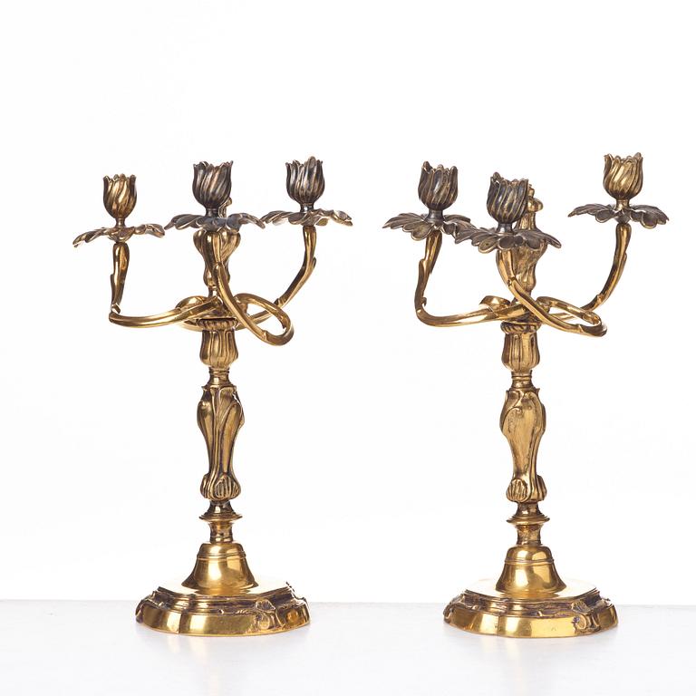 A pair of Louis XV three-light candelabra, mid 1700's.