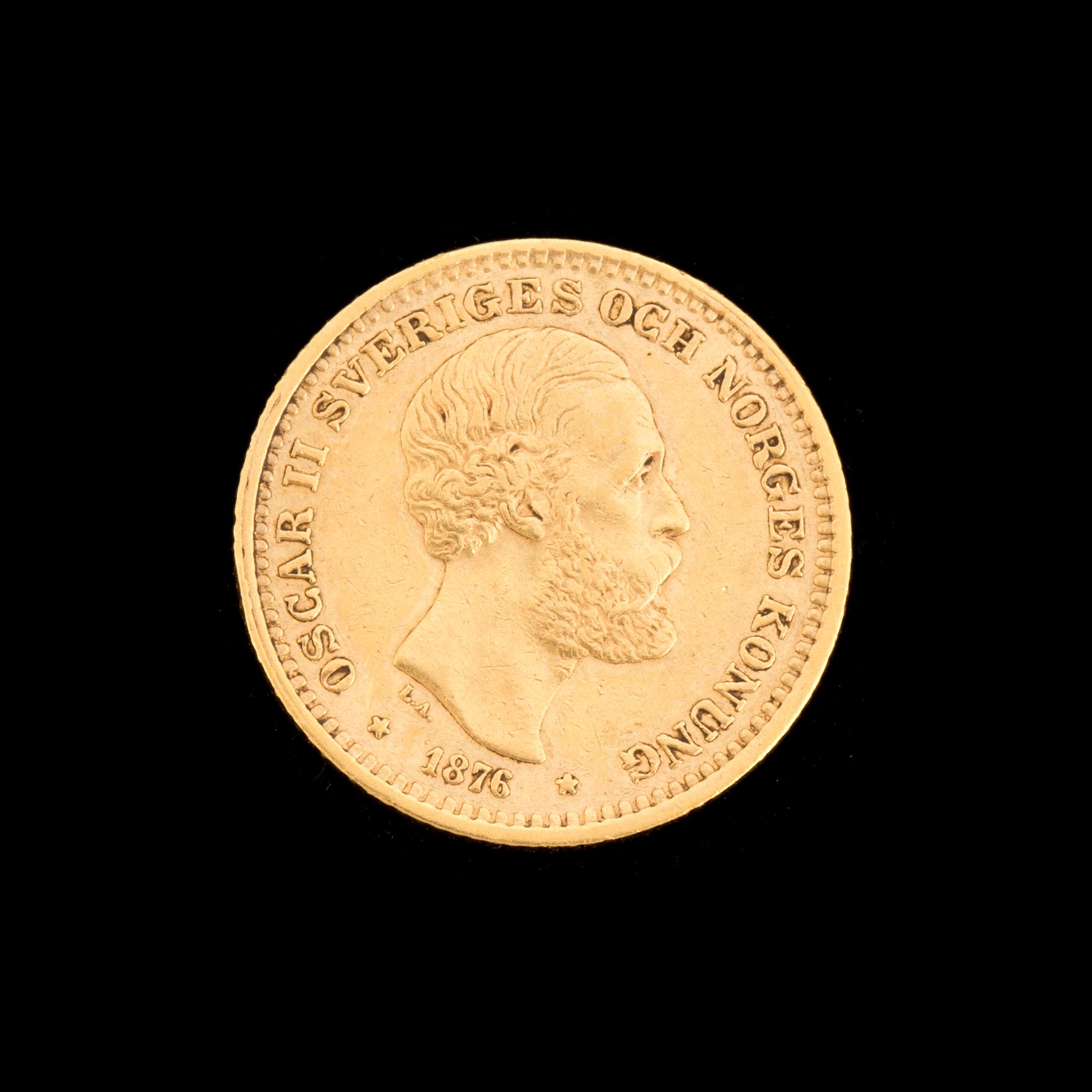 MYNT, guld, 10 kr, Oscar II, 1876. Vikt ca 4 gram.