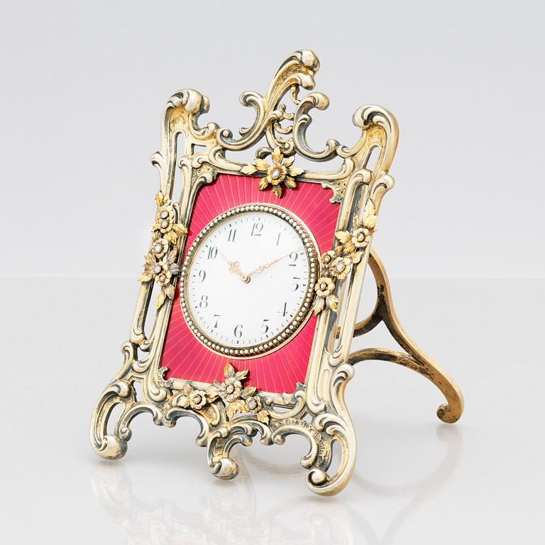 A Fabergé, Nobel family, jewelled, silver-gilt, guilloché enamel desk clock, workmaster Michael Perchin, St Petersburg.