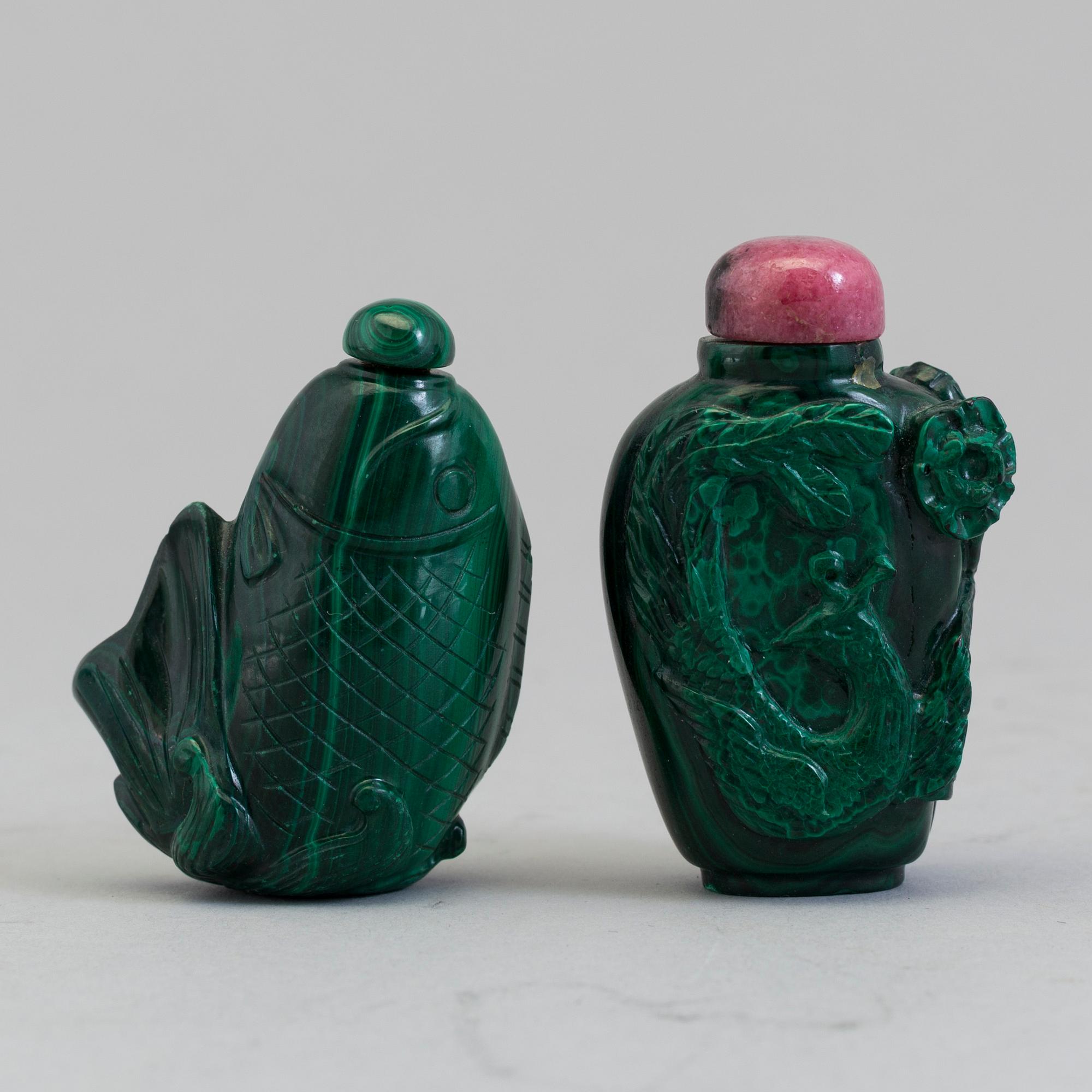 TWO MALACITE SNUFF BOTTLES, East Asian, 20th century.