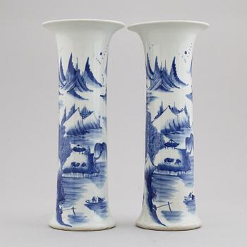 A pair of blue and white trumpet shaped vases, China, 20th Century.