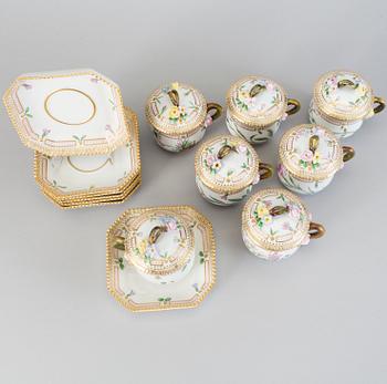 A set of seven Royal Copenhagen 'Flora Danica' custard cups with stands, 20th Century.