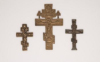 RESEIKONER, 4 st, och IKONKORS, 3 st, mässing, Ryssland sekelskiftet 1800/1900.