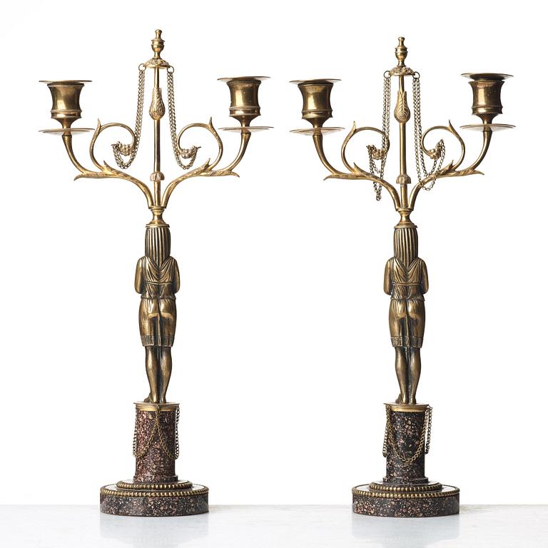 A pair of late Gustavian circa 1800 two-light candelabra.