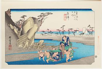 ANDO HIROSHIGE, senare avdrag, mapp, "The fifty-three stations on the tokaido", utgiven av Kata Hanga Kenkyujo.