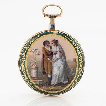 A Swiss or Hanau gold and enamel case pocket watch, first part of the 19th century.