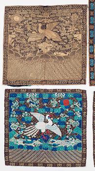 RANK BADGES, 8 pieces, silk, so called Buzis. Around 28-33 x 29,5-33,5 cm each. China around 1900.