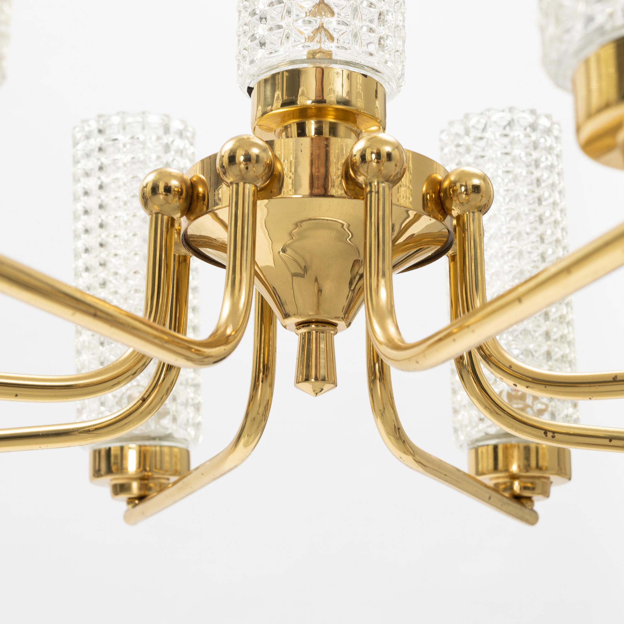 A glass and brass ceiling light, second half of the 20th Century.
