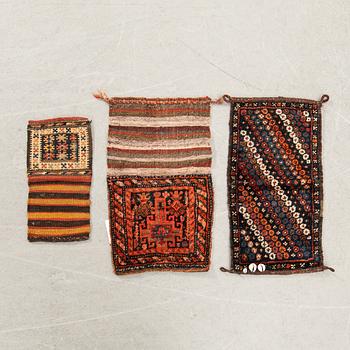Bags Chanteh 3 pcs Kurd/Qushan, Kashgai and Lori semi-antique approximately 55x29 cm, 53x31 cm and 38x19 cm.