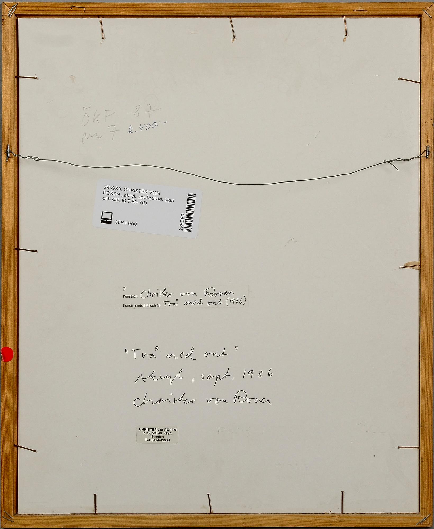 CHRISTER VON ROSEN, akryl, uppfodrad, sign och dat 10.9.86.