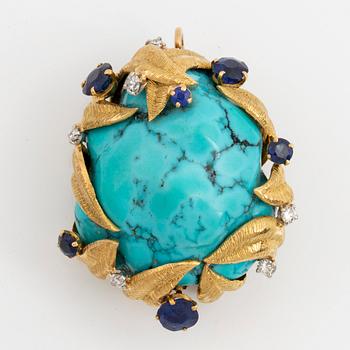 A brooch/pendat, large turquoise with brilliant-cut diamond and sapphires.