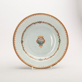 A set of two 19th century blue and white urns and one armorial Qianlong plate.