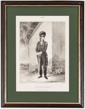 ALEXANDER VASILJEVITCH VISKOVATOV,litografier, 4 st, Ur "Kläder och vapen av ryska trupper... ", St Petersburg 1841-1862.